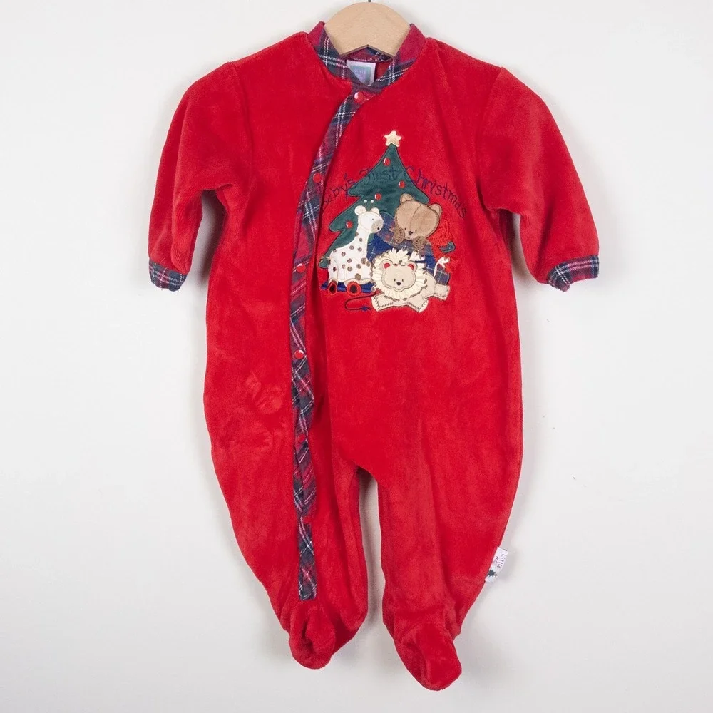 Vintage Little Me Christmas Sleeper Red Plaid Velour Footed Romper‎ Y2K Baby 6M